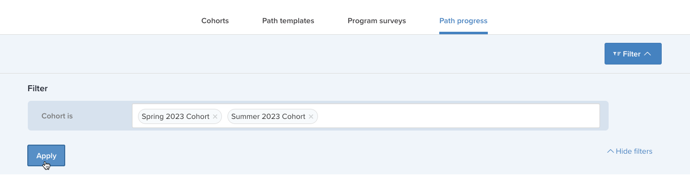 After selecting the cohorts you want to report on from the dropdown, click Apply
