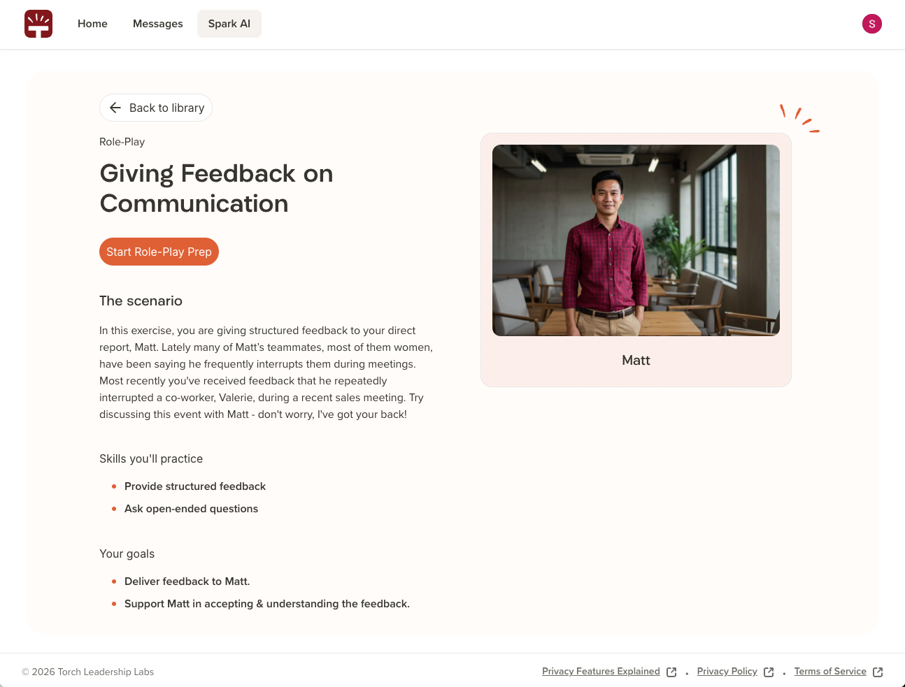 Feedback scenario for Matt, focusing on communication and structured feedback skills.