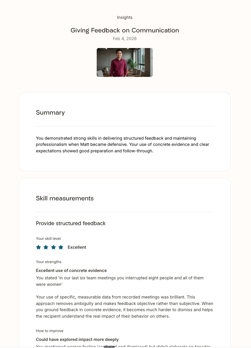 Feedback summary highlighting strengths in structured communication and use of concrete evidence.