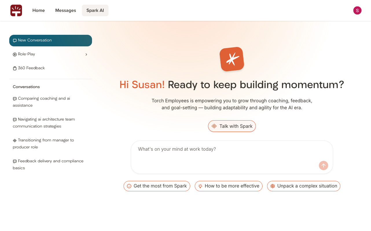 User interface showcasing conversation options and prompts for leadership coaching and feedback.