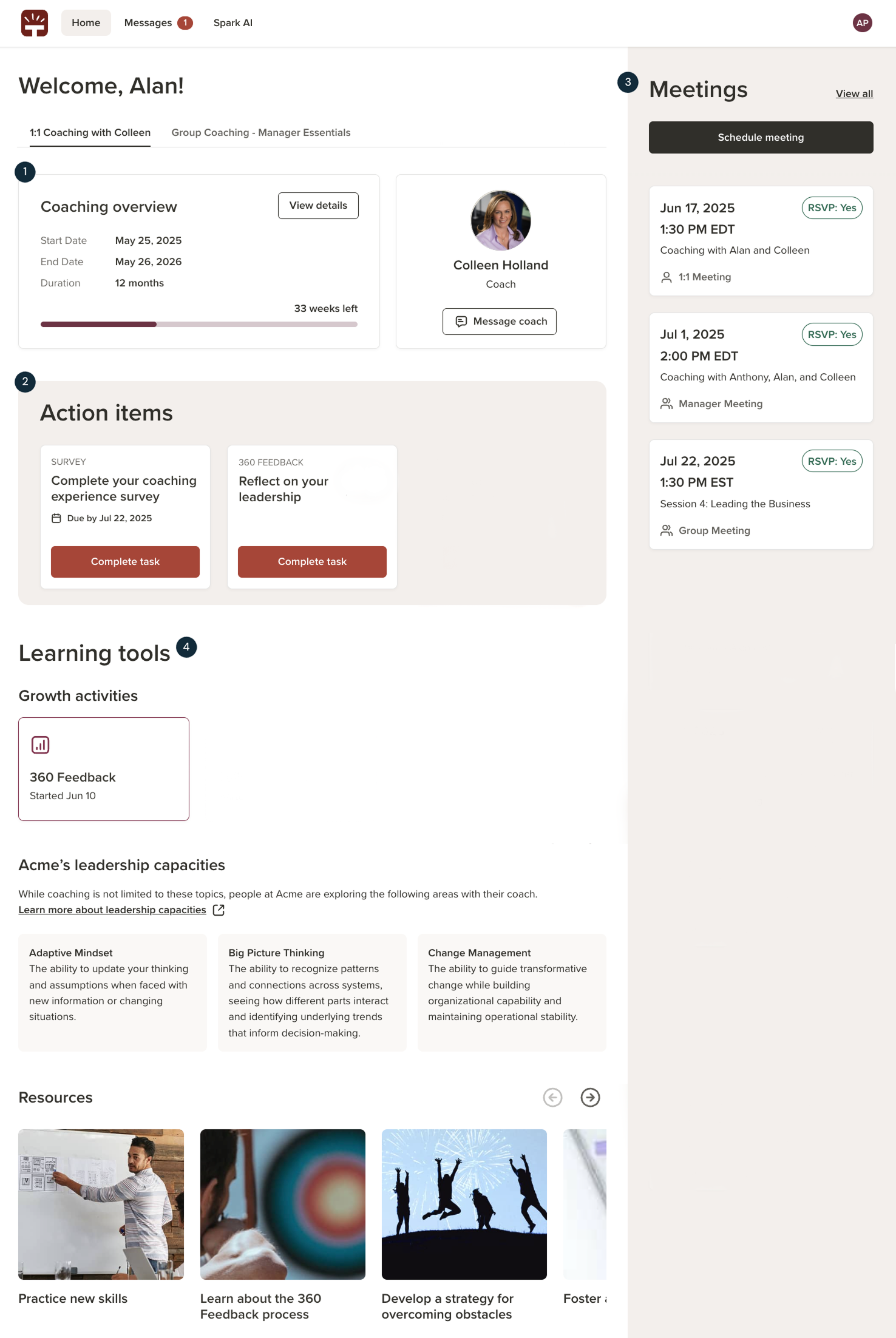 Torch coaching dashboard, including action items and learning tools for leadership development.
